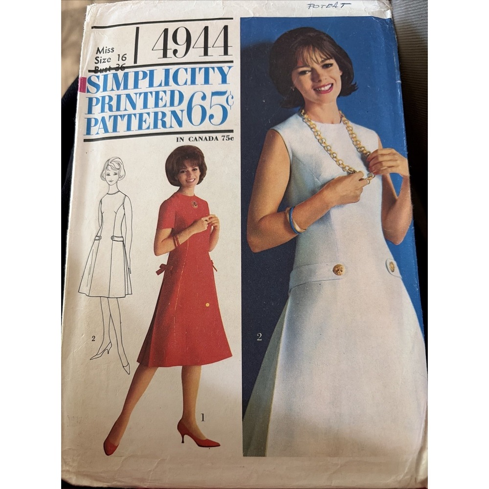 Vintage Simplicity 4944 Sewing Pattern Misses One-Piece Dress Size 16 Cut